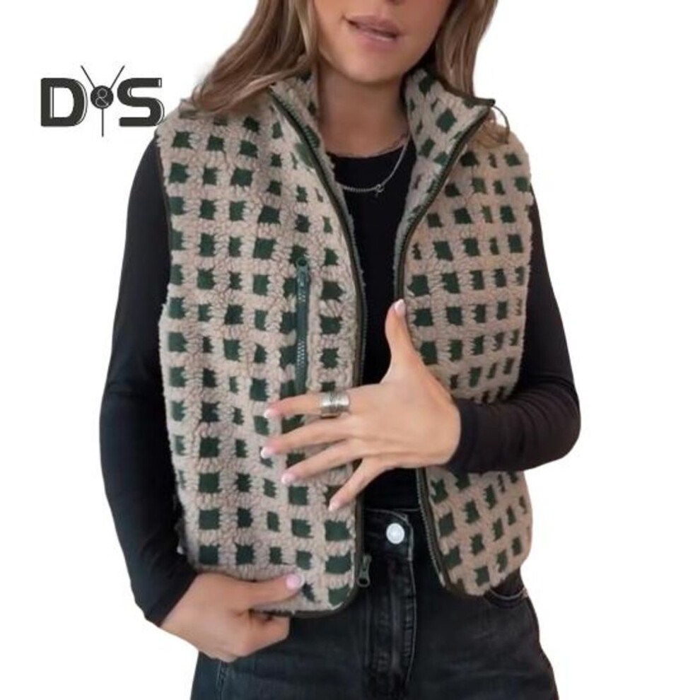 (dark green, L) Women Vest Jacket Stand-up Collar Contrast Color Sleeveless Checked Pattern Cardigan Waistcoat Zipper Closure Daily Outdoor Outerwear