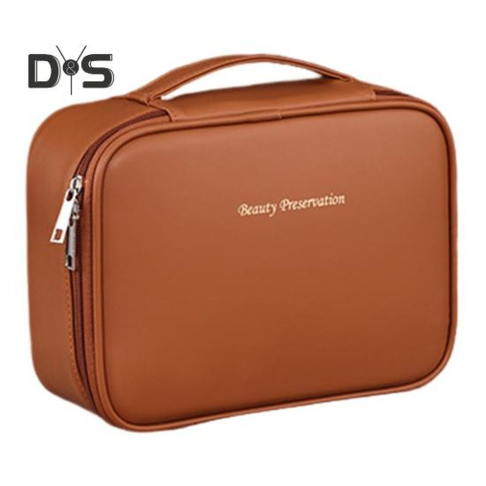 (brown) Cosmetic Bag With Detachable Makeup Brush Bag Large Capacity Multi Compartments Waterproof Zipper Closure Cosmetic Organizer Travel Business Trip