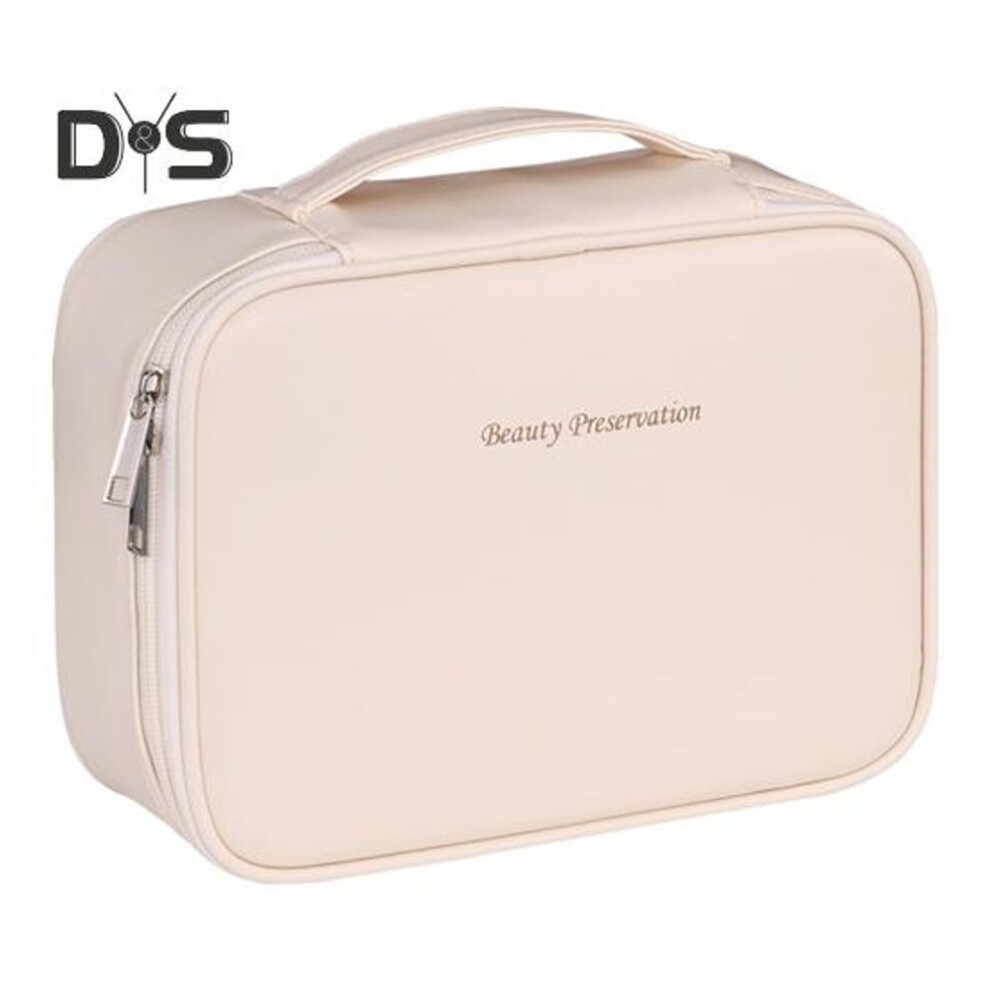 (light beige) Cosmetic Bag With Detachable Makeup Brush Bag Large Capacity Multi Compartments Waterproof Zipper Closure Cosmetic Organizer Travel Business Trip