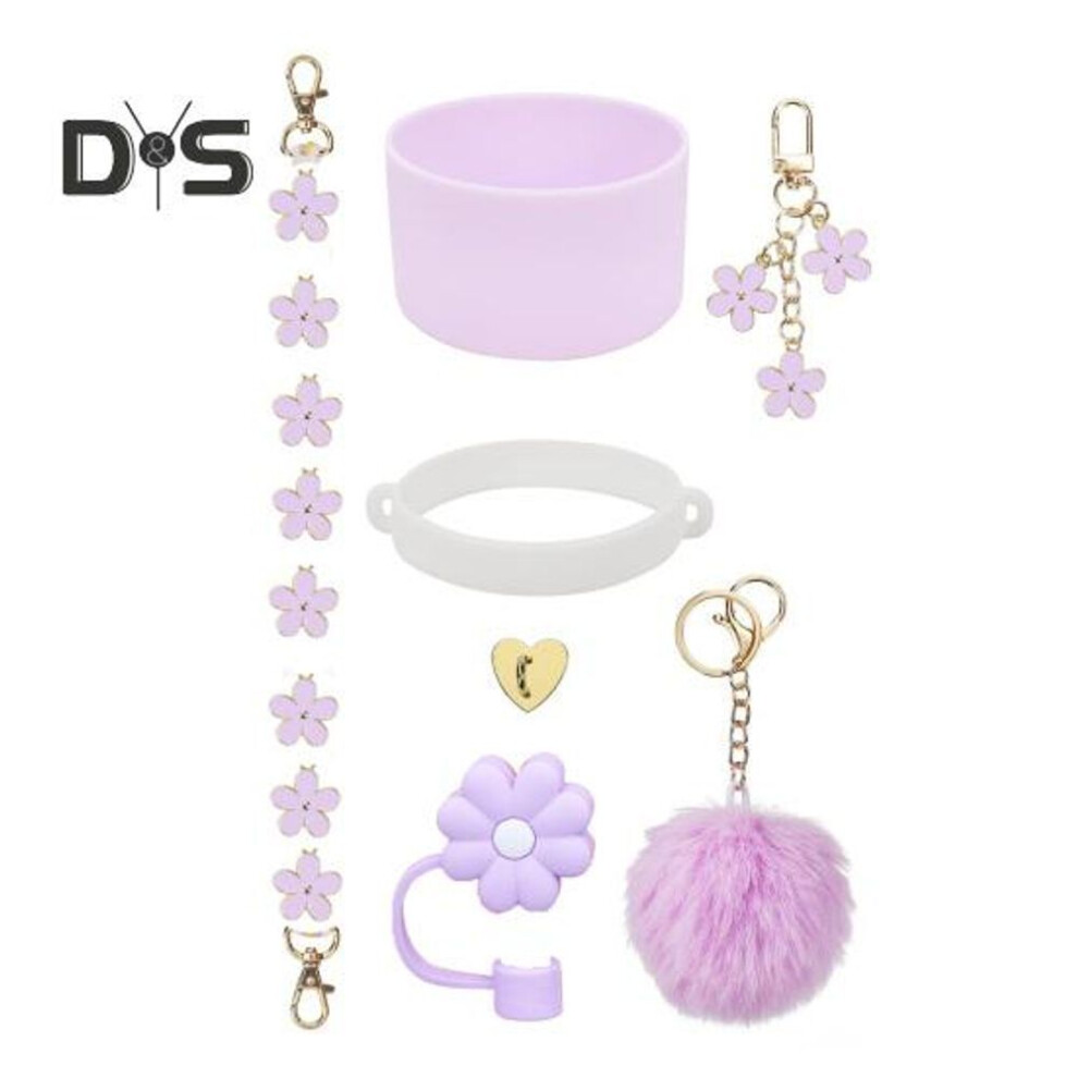 (purple) 7 Pcs/set Cup Chain Cup Decoration Accessories Cartoon Flower Safety Loop Buckle Straw Cover Coaster Pendant Water Bottle Ornament Set