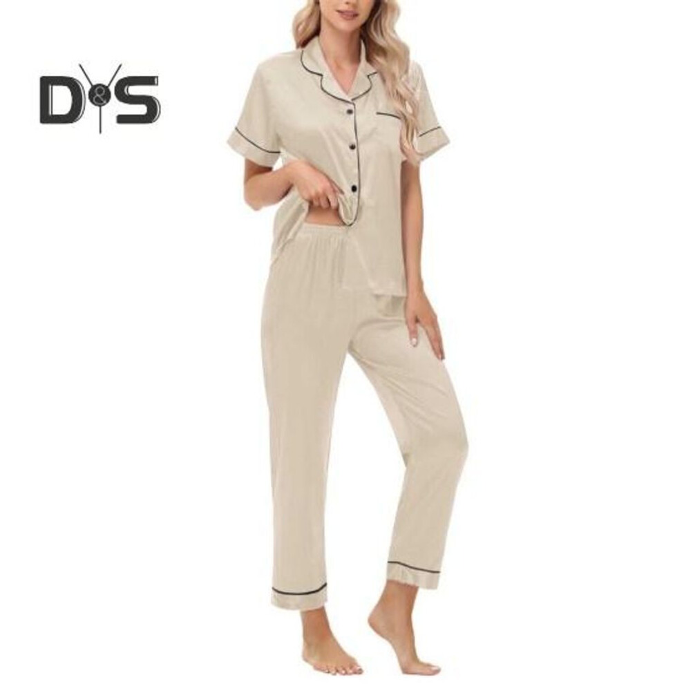 (S, champagne) 2 Pcs/Set Pajamas Suit Satin Single-breasted Ice Silk Plus Size Cardigan Shirt V Neck Notch Collar Solid Color Shirt Wide Leg Loose Trousers Nighty