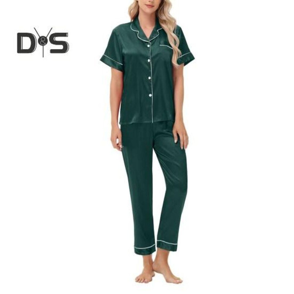 (XL, dark green) 2 Pcs/Set Pajamas Suit Satin Single-breasted Ice Silk Plus Size Cardigan Shirt V Neck Notch Collar Solid Color Shirt Wide Leg Loose Trousers Nighty