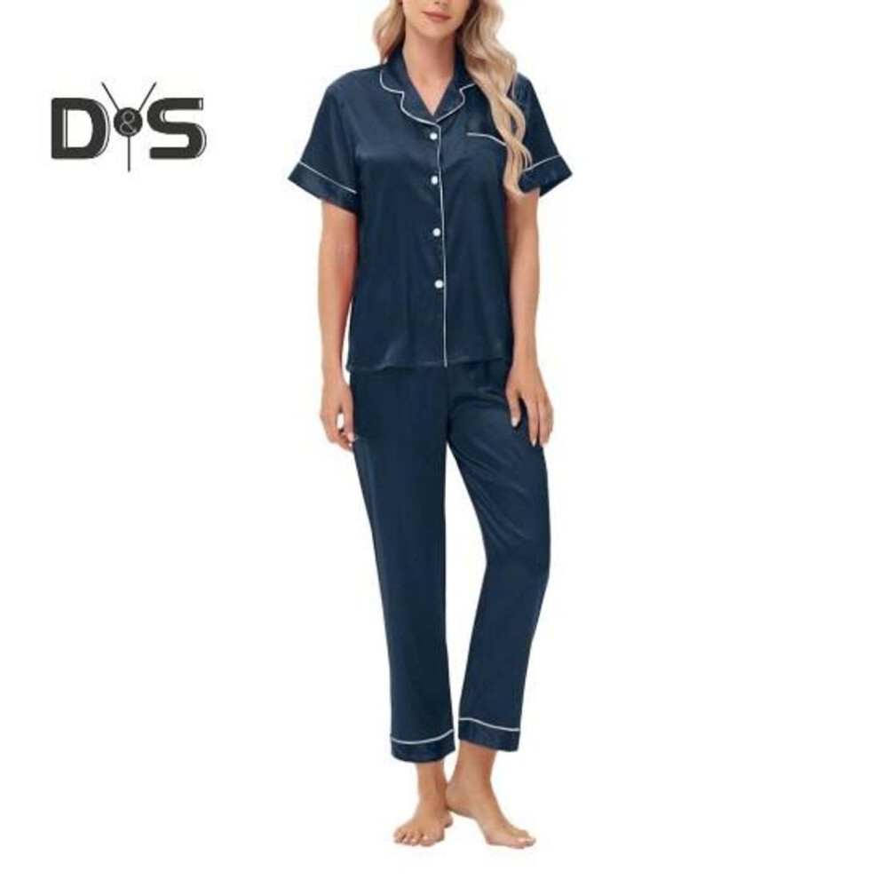 (S, navy blue) 2 Pcs/Set Pajamas Suit Satin Single-breasted Ice Silk Plus Size Cardigan Shirt V Neck Notch Collar Solid Color Shirt Wide Leg Loose Trousers Nighty