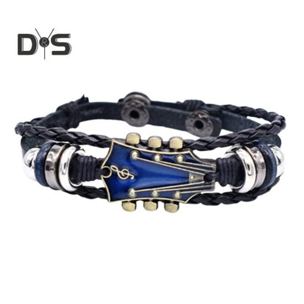 (blue) Braided Guitar Bracelet Zinc Alloy Adjustable Buckle Manual Woven Faux Leather 3-layered Punk Retro Wrist Jewelry