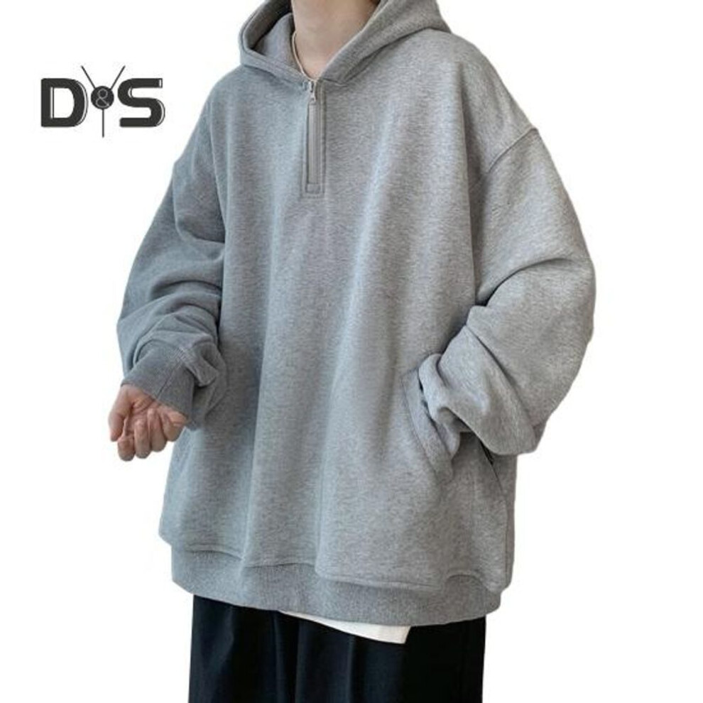 (light grey, XL) Fall Spring Men Hoodie Half Zipper Hooded Pockets Long Sleeves Loose Elastic Cuff Pure Color Pullover Thick Warm Daily Wear Top
