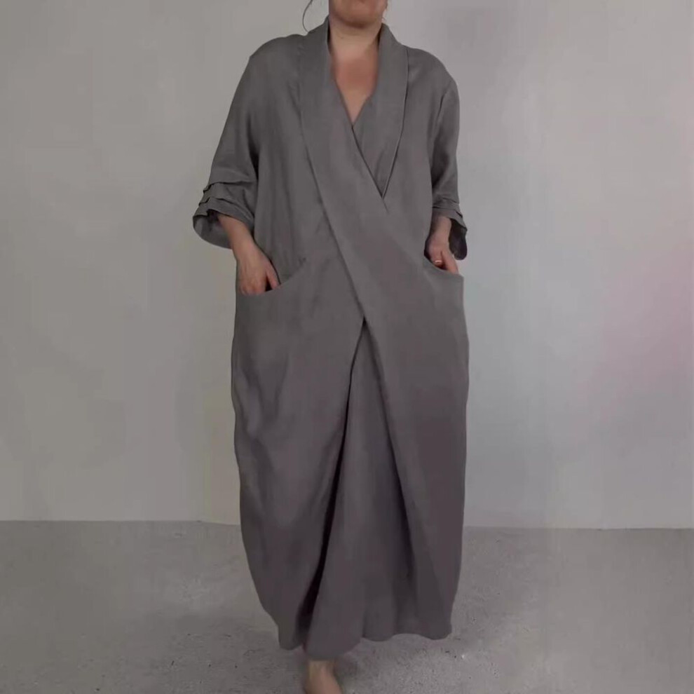 (grey, XXXXL) Spring Fall Maxi Dress Robe Baggy Cross V Neck Solid Color Large Pocket Retro A-line Bohemian Maxi Dress Casual Party Travel