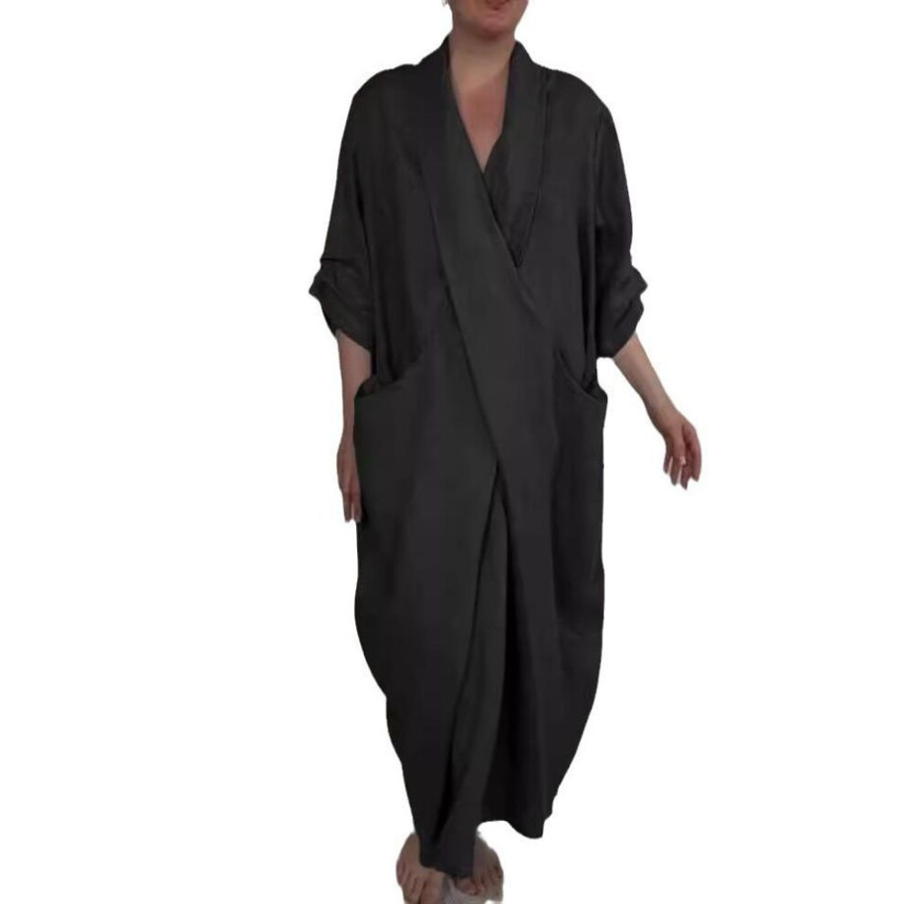 (black, M) Spring Fall Maxi Dress Robe Baggy Cross V Neck Solid Color Large Pocket Retro A-line Bohemian Maxi Dress Casual Party Travel
