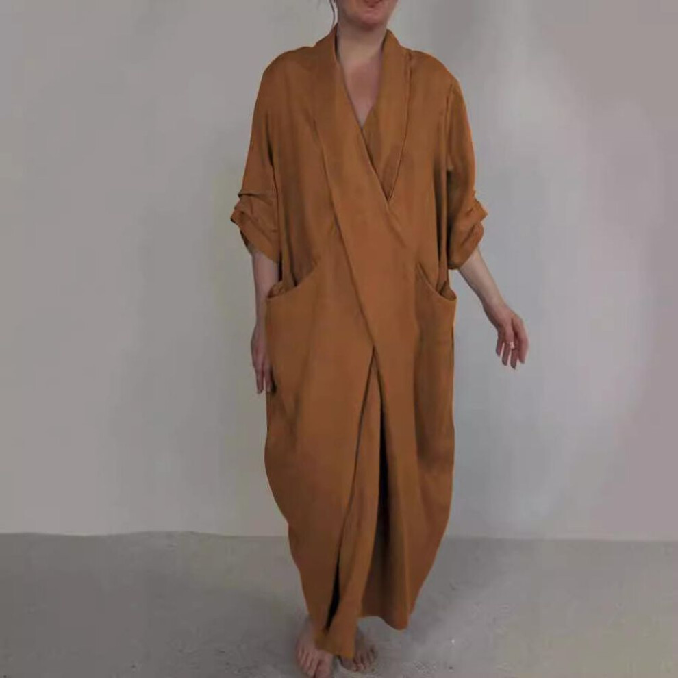 (brown, XXXL) Spring Fall Maxi Dress Robe Baggy Cross V Neck Solid Color Large Pocket Retro A-line Bohemian Maxi Dress Casual Party Travel