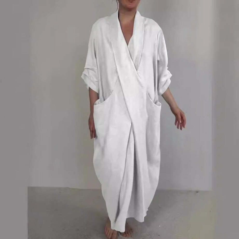 (white, XL) Spring Fall Maxi Dress Robe Baggy Cross V Neck Solid Color Large Pocket Retro A-line Bohemian Maxi Dress Casual Party Travel