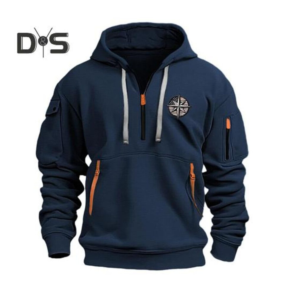 (navy blue, L) Men Fall Winter Hoodie Solid Color Drawstring Long Sleeves Half Zipper Embroidery Badge Big Pocket Hooded Loose Daily Wear Casual Sport Top