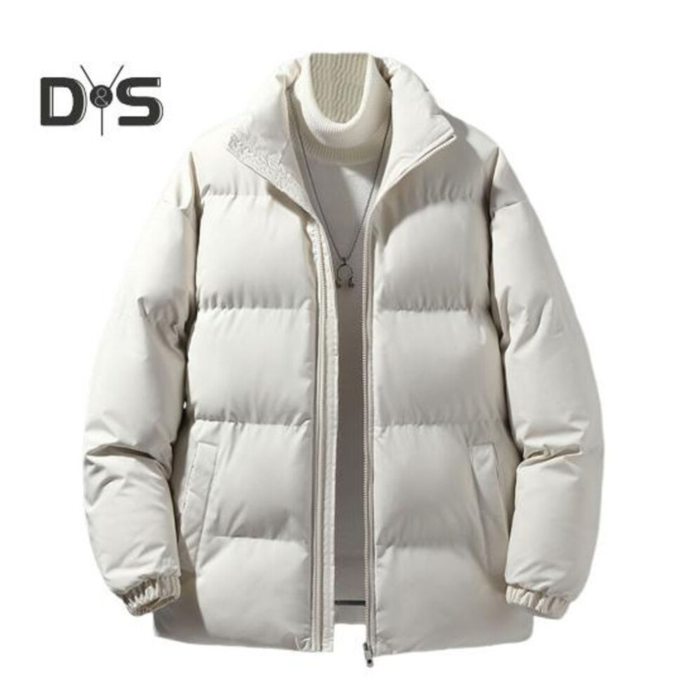 (khaki, M) Men Coat Stand Collar Long Sleeve Zipper Closure Quilted Jacket Solid Color Thickened Loose Fit Puffer Coat with Side Pockets