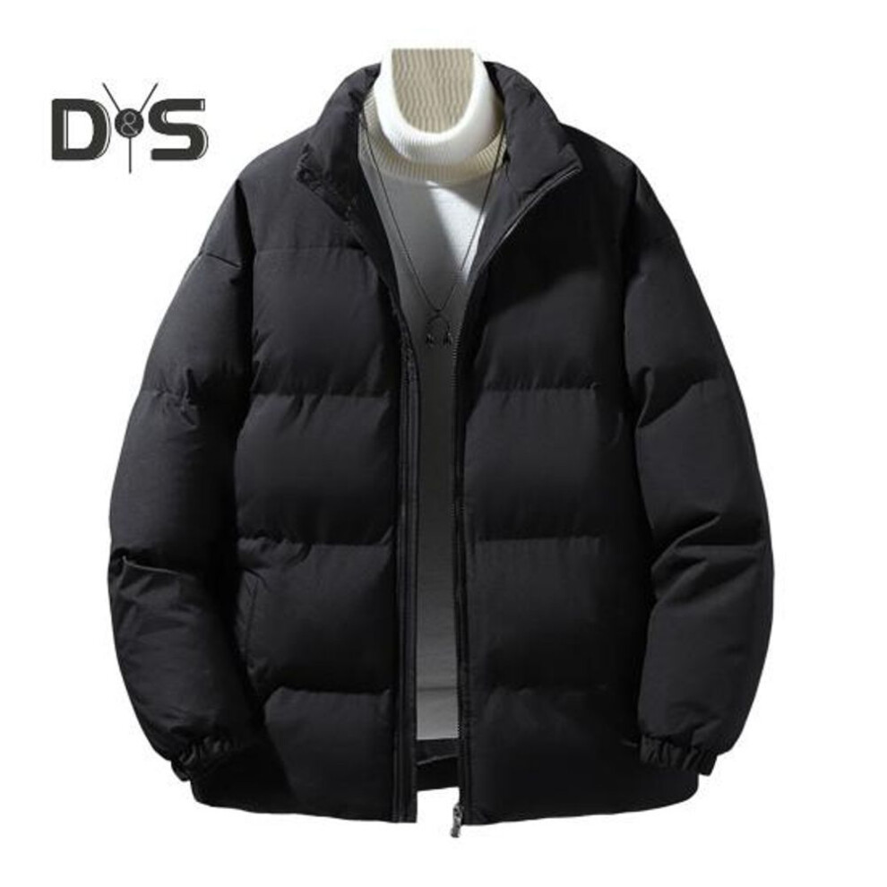 (black, L) Men Coat Stand Collar Long Sleeve Zipper Closure Quilted Jacket Solid Color Thickened Loose Fit Puffer Coat With Side Pockets