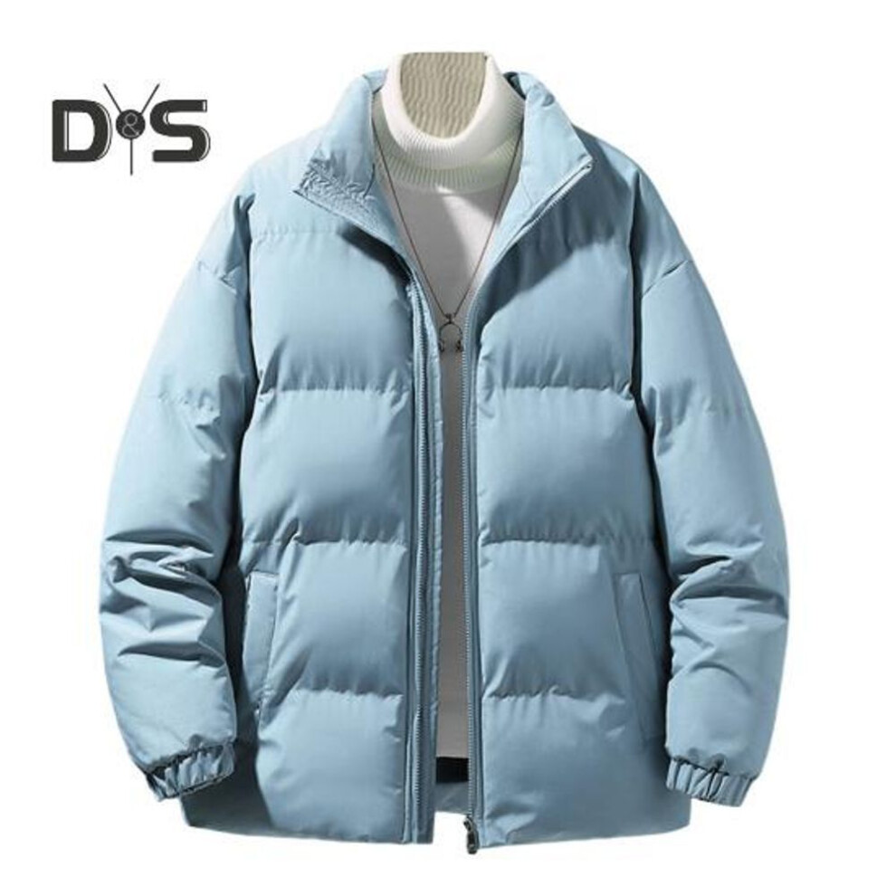 (light blue, XXXL) Men Coat Stand Collar Long Sleeve Zipper Closure Quilted Jacket Solid Color Thickened Loose Fit Puffer Coat With Side Pockets