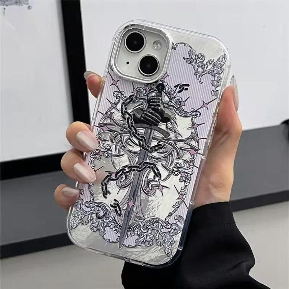 (as the picture, iPhone 15 Pro) Retro Knight Sword Pattern Phone Case For Iphone 16/15/14/13/12 Pro Max Plus & 11 - Tin Foil Texture Aurora Vintage Soft Shell Cover