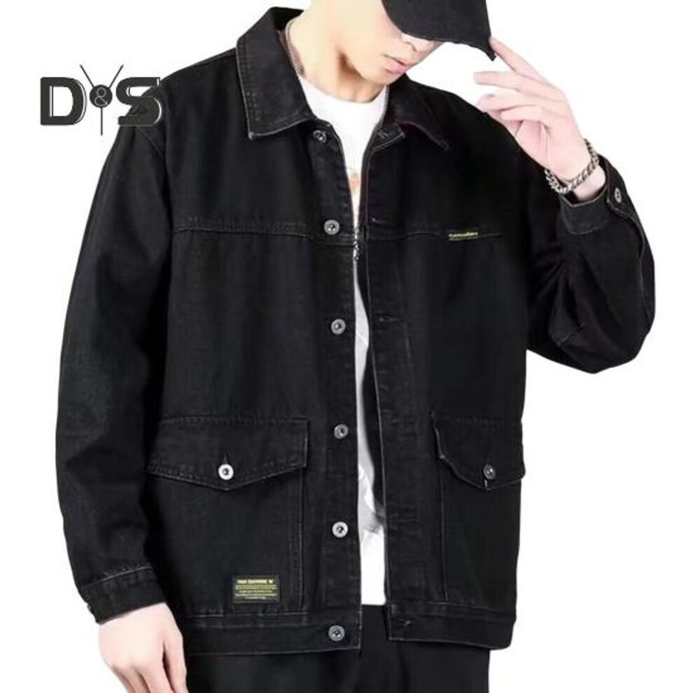 (black, XL) Men Denim Jacket Lapel Long Sleeve Jacket Coat with Large Pockets Spring Autumn Button Closure Cargo Outwear