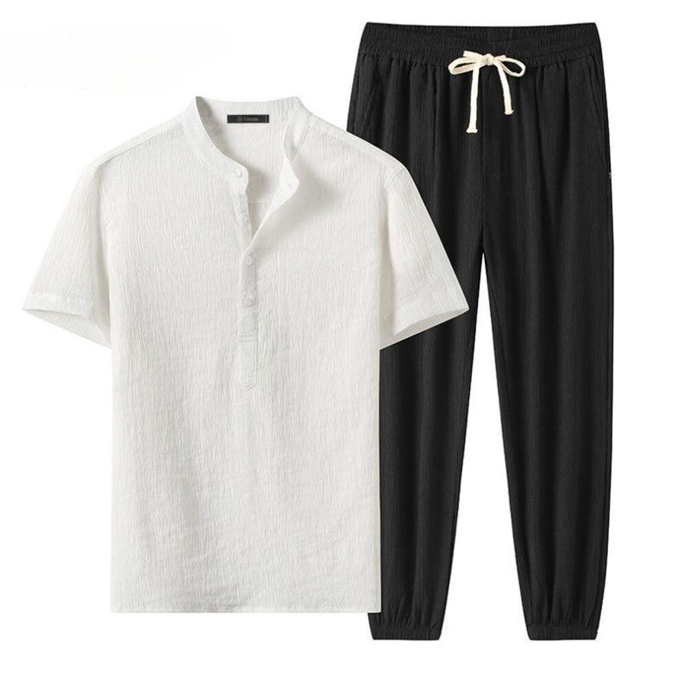 (white, M) Linen Short-sleeved Suit Men's Summer Thin Ice Silk Loose Breathable Casual Two-piece Suit