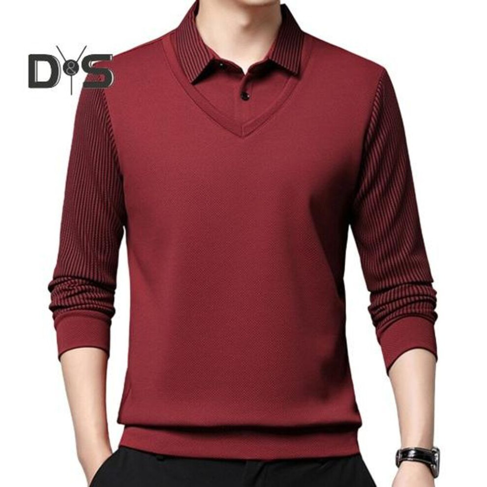 (wine red, XXL) Men Fall Spring Shirt Turn-down Collar Fake Two-piece Patchwork Sweater Plus Size Striped Button Formal Business Style Men Office Top