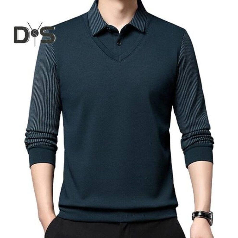 (cyan, XXXXL) Men Fall Spring Shirt Turn-down Collar Fake Two-piece Patchwork Sweater Plus Size Striped Button Formal Business Style Men Office Top