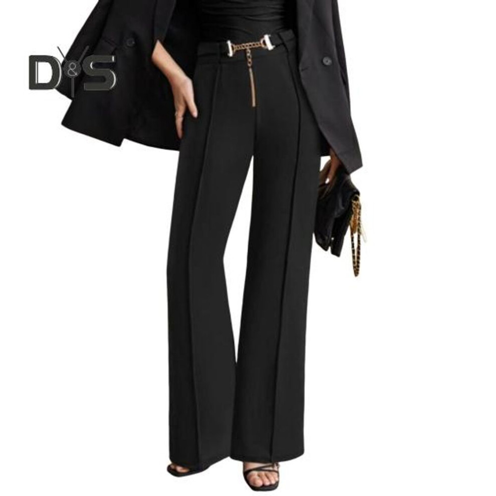 (black, XXL) Women Suit Pants High Waist Straight Wide Leg Zipper Fly Trousers With Belt Decoration Solid Color Slacks