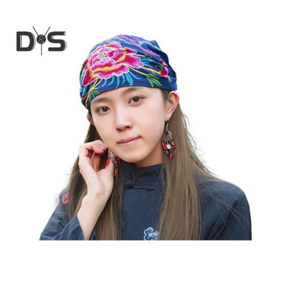(blue, Flower) Turban Hat Retro Ethnic Style Embroidery with Elastic Band Chemotherapy Cap One Size Daily Headscarf for Alopecia Chemo Patients Bandana Headwrap