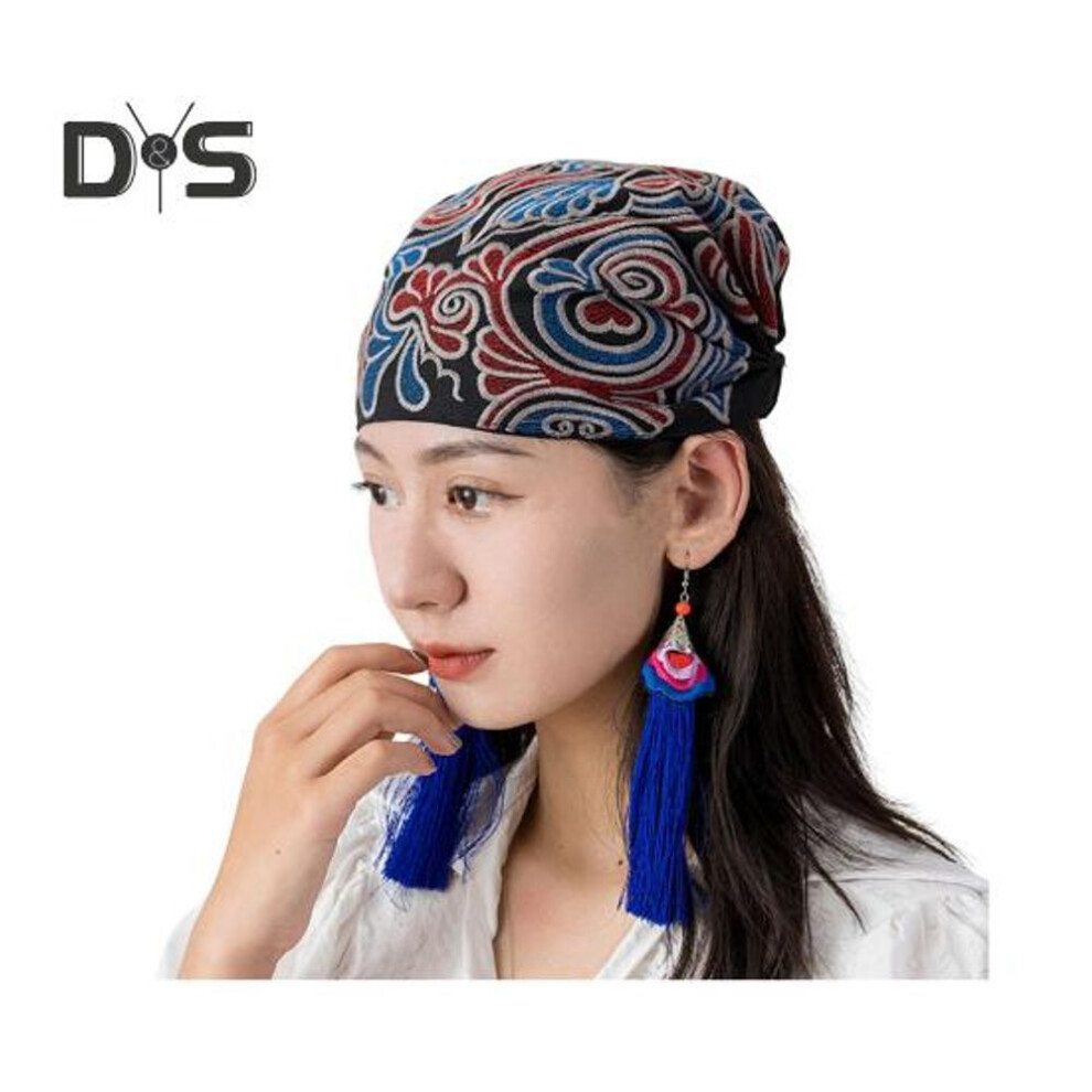 (black, Cloud) Turban Hat Retro Ethnic Style Embroidery with Elastic Band Chemotherapy Cap One Size Daily Headscarf for Alopecia Chemo Patients Bandana Headwrap