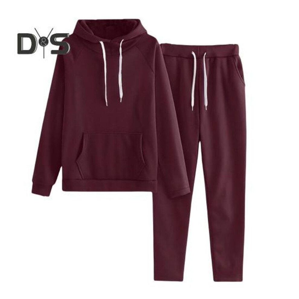 (wine red, XL) 2 Pcs/Set Women Hoodie Pants Suit Drawstring Long Sleeves Sport Top Elastic Waist Ankle-banded Trousers Fitness Outfit Fall Spring Tracksuit