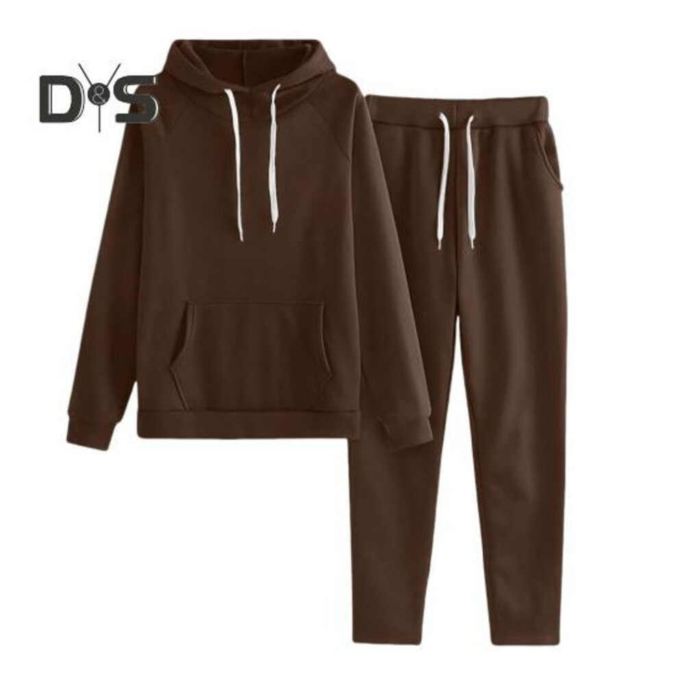 (coffee, XXL) 2 Pcs/Set Women Hoodie Pants Suit Drawstring Long Sleeves Sport Top Elastic Waist Ankle-banded Trousers Fitness Outfit Fall Spring Tracksuit