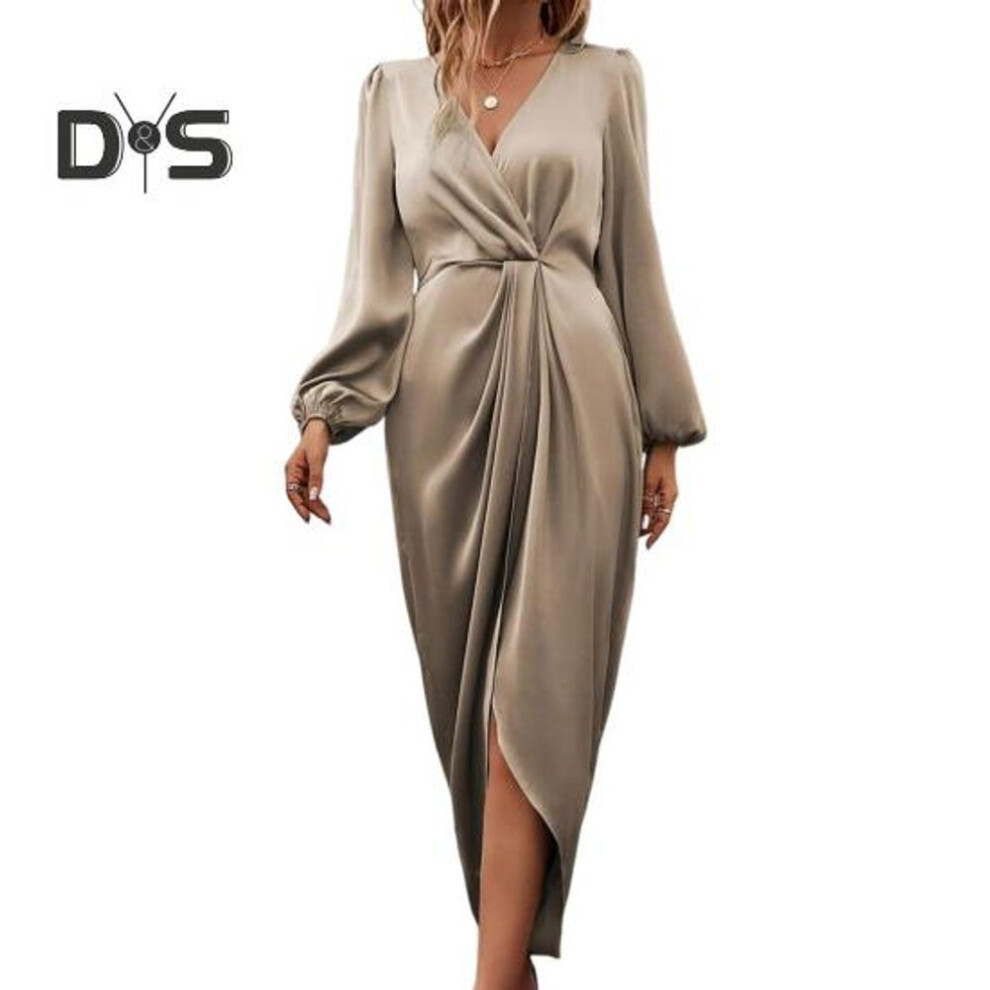 (champagne, XL) Women Dress Irregular Slit Hem High Waist Pleated Long Puff Sleeves Solid Color V Neck Formal Party Banquet Maxi Dress
