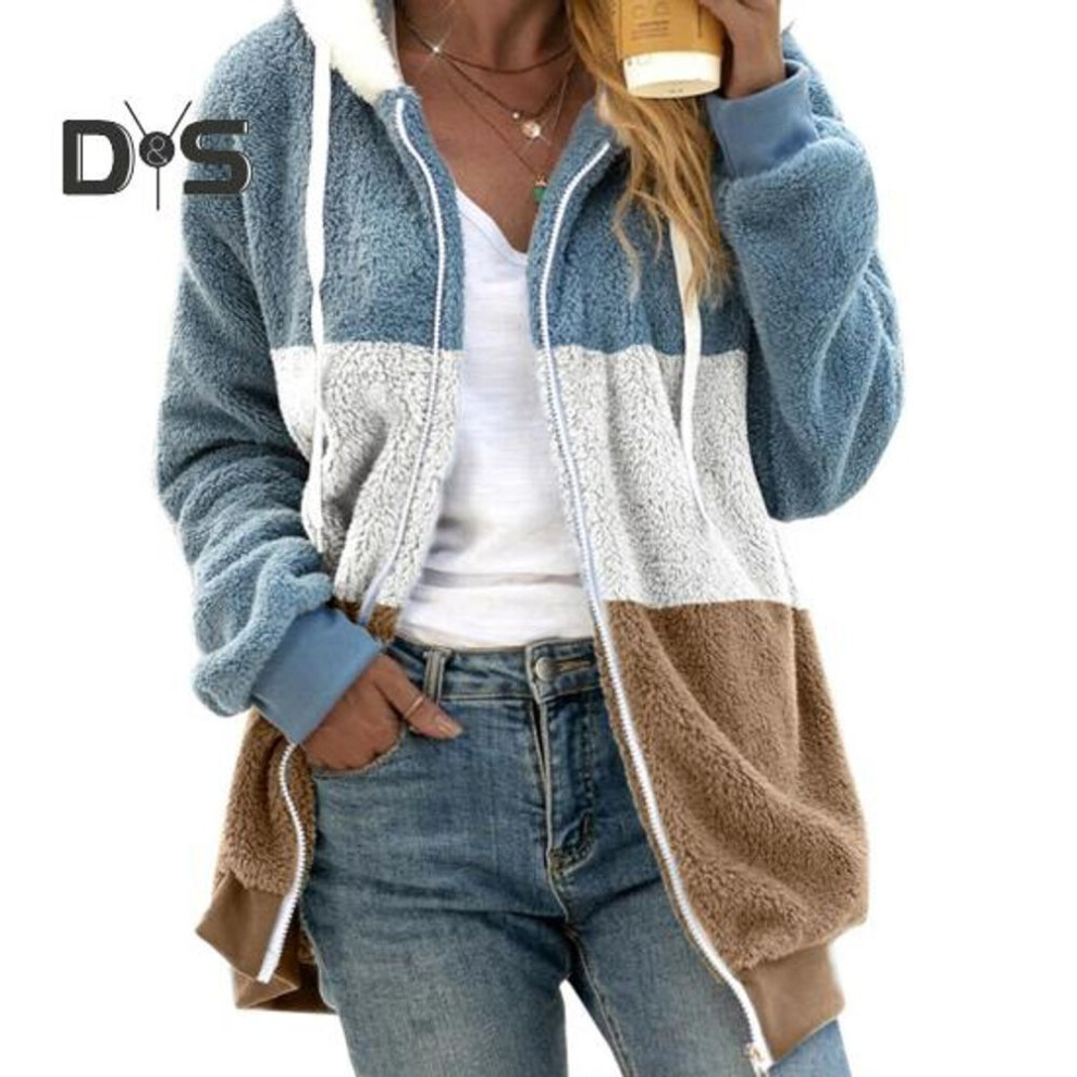 (khaki, XL) Women Winter Coat Color Matching Hooded Thick Plush Jacket Long Sleeve Drawstring Elastic Cuffs And Hem Cold Weather Outerwear