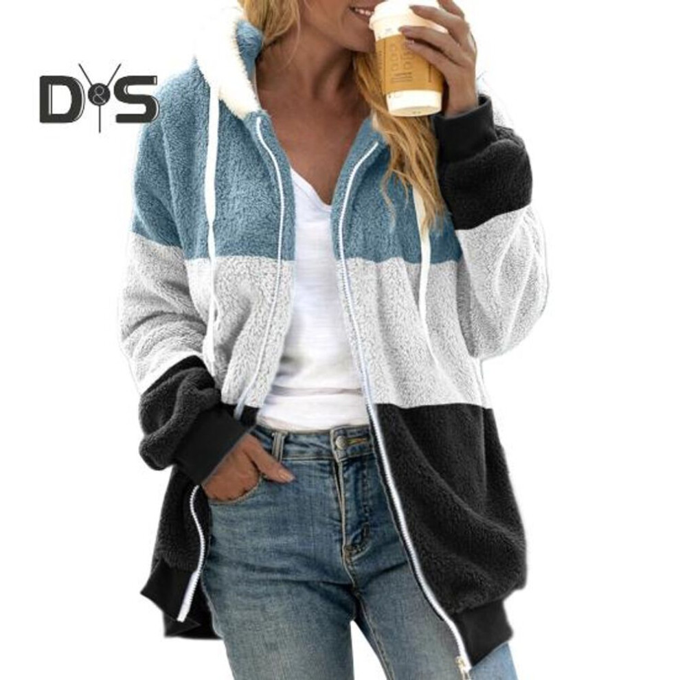 (black, M) Women Winter Coat Color Matching Hooded Thick Plush Jacket Long Sleeve Drawstring Elastic Cuffs And Hem Cold Weather Outerwear