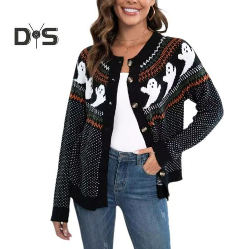 (XL, black) Women Sweater Coat Crew Neck Long Sleeve Ghost Pattern Halloween Knitted Cardigan Single Breasted Sweater Cardigan