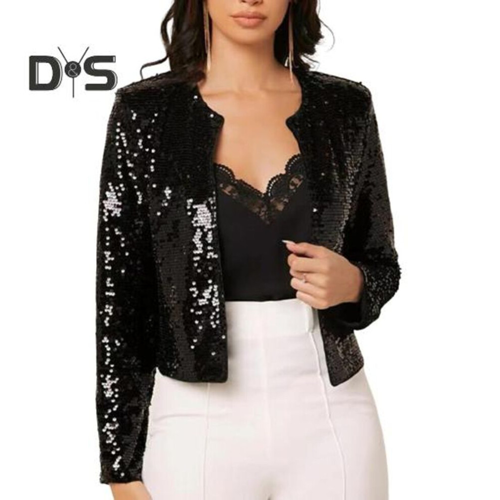 (S, black) Women Party Sequin Coat Round Neck Open Stitch Cardigan Long Sleeves Short Type Solid Color Stage Performance Club Dance Jacket