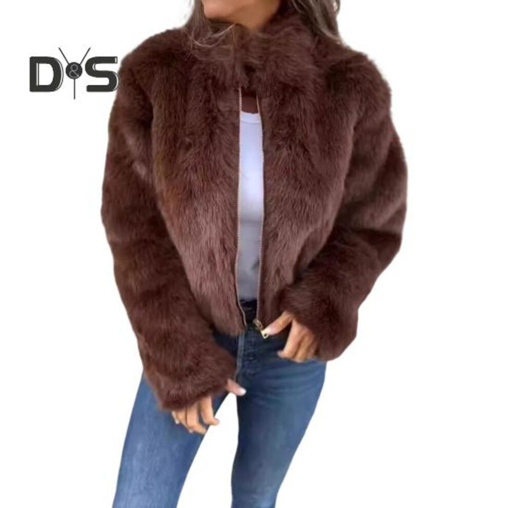 (dark brown, M) Winter Women Jacket Thick Faux Fur Heat Retention High Collar Solid Color Long Sleeves Luxury Style Home Party Office Club Vacation Coat