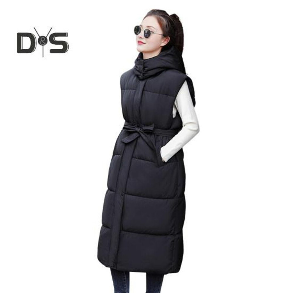 (black, XL) Winter Women Waistcoat Thickened Padded Zipper Closure Hooded Loose Fit Adjustable Waist With Belt Sleeveless Solid Color Windproof Heat Retention