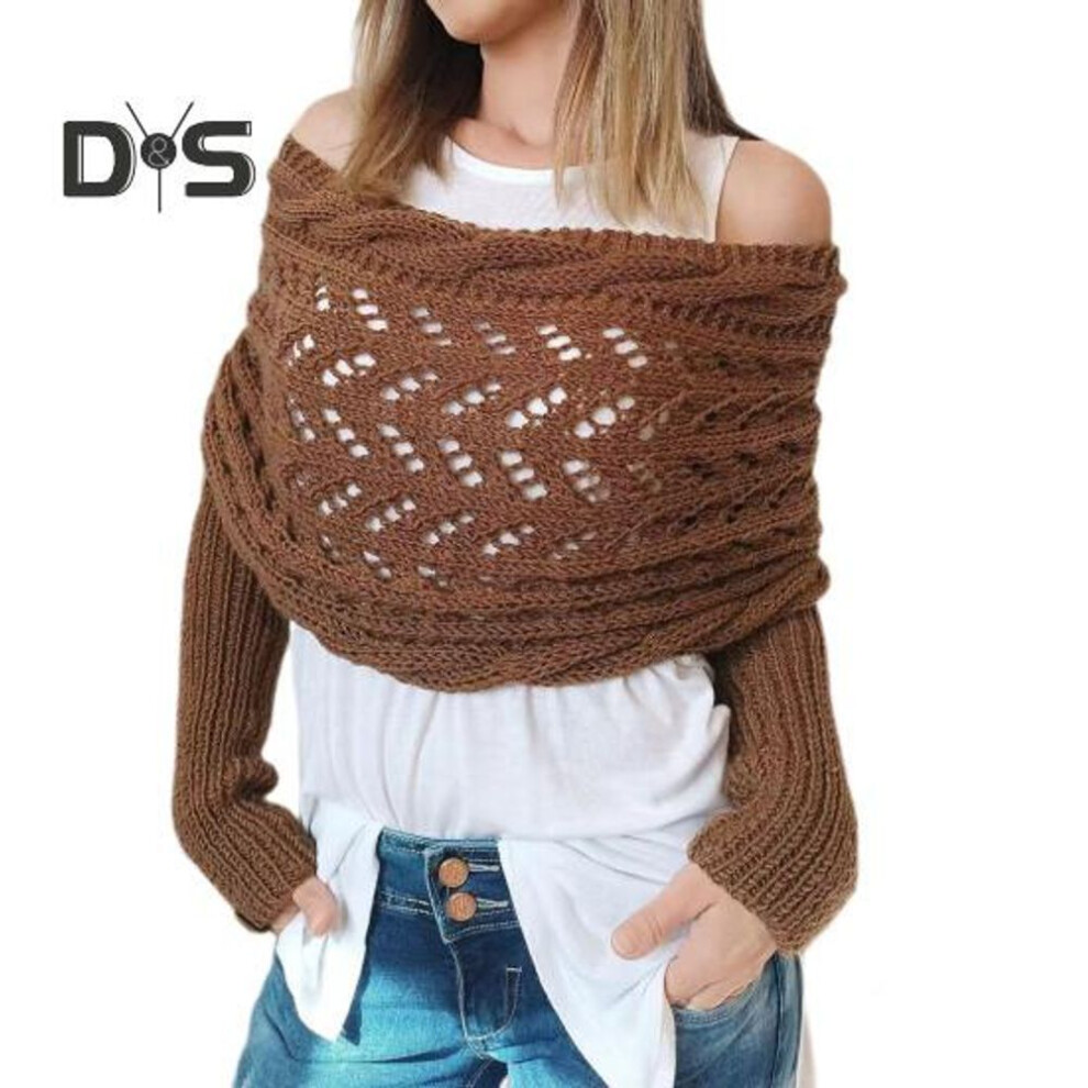 (camel) Knitted Cable Wrap Scarf with Sleeves Soft Bohemian Style Shawl Scarf Hollow Crochet Pattern Cross Wrap Scarf Sweater Wrap