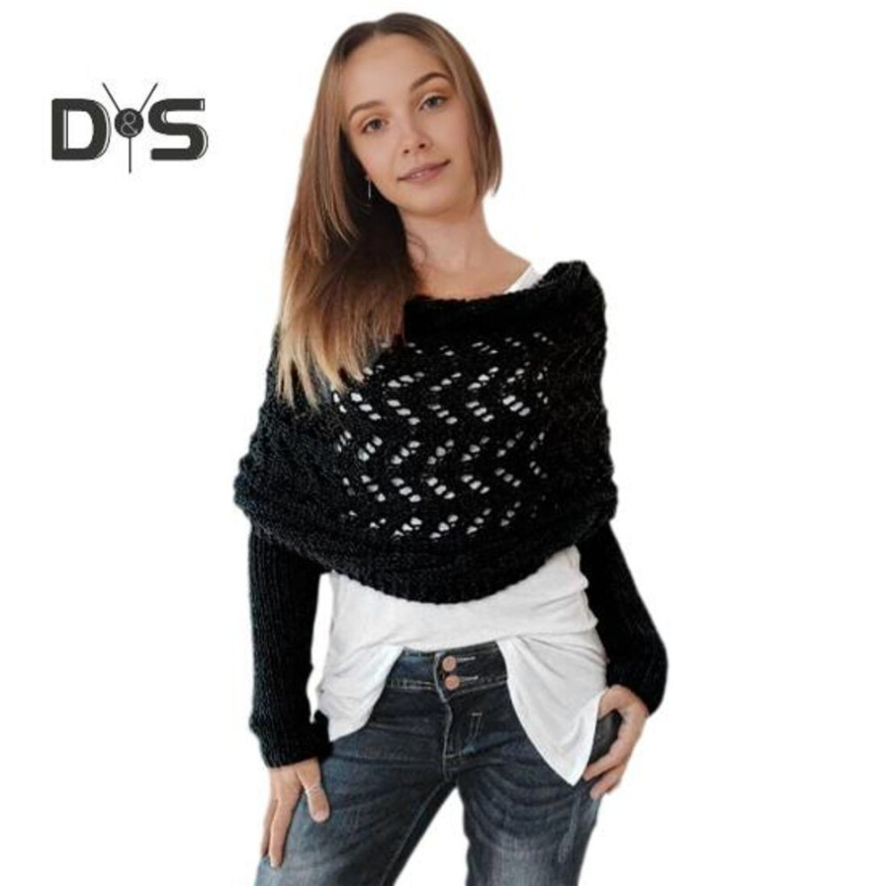 (black) Knitted Cable Wrap Scarf with Sleeves Soft Bohemian Style Shawl Scarf Hollow Crochet Pattern Cross Wrap Scarf Sweater Wrap