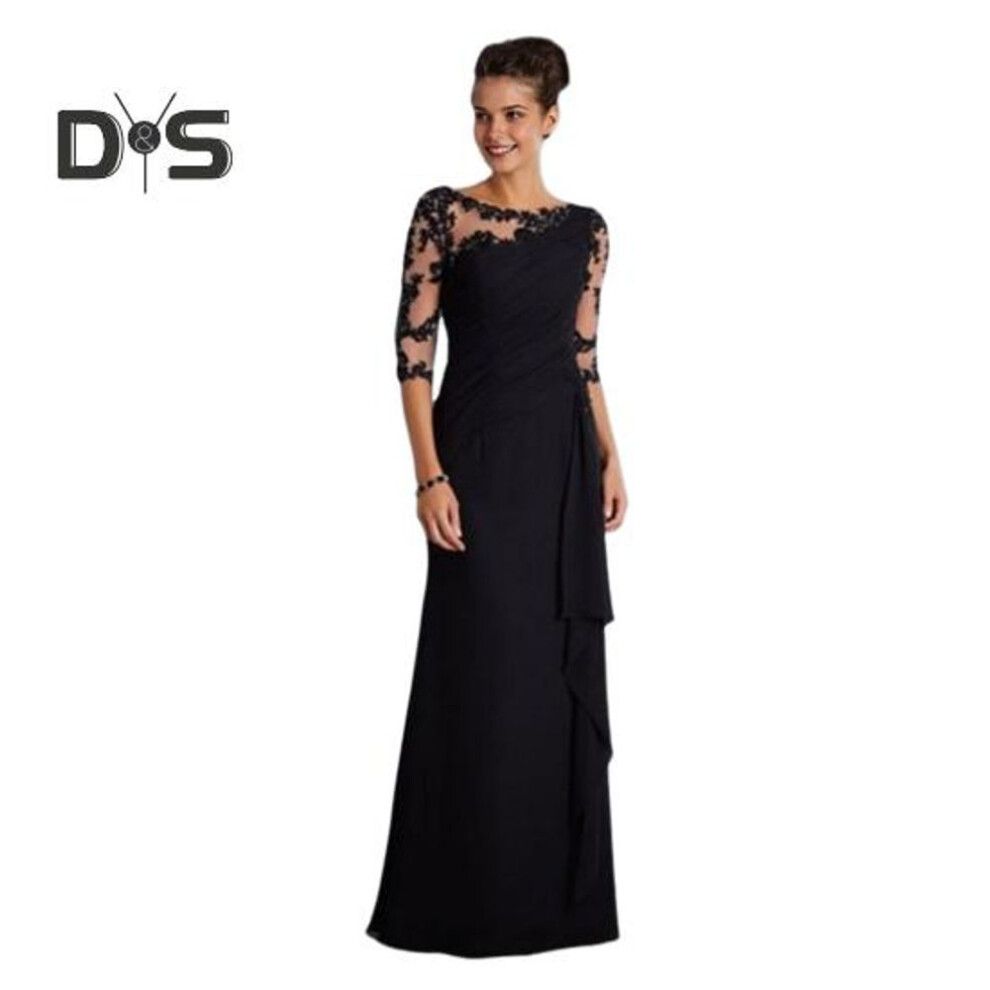(black, S) Women Evening Dress See-through Mesh Patchwork Half Sleeves Slim Fit Floral Embroidery Ruffle Pleated Full Length Prom Party Maxi Dress