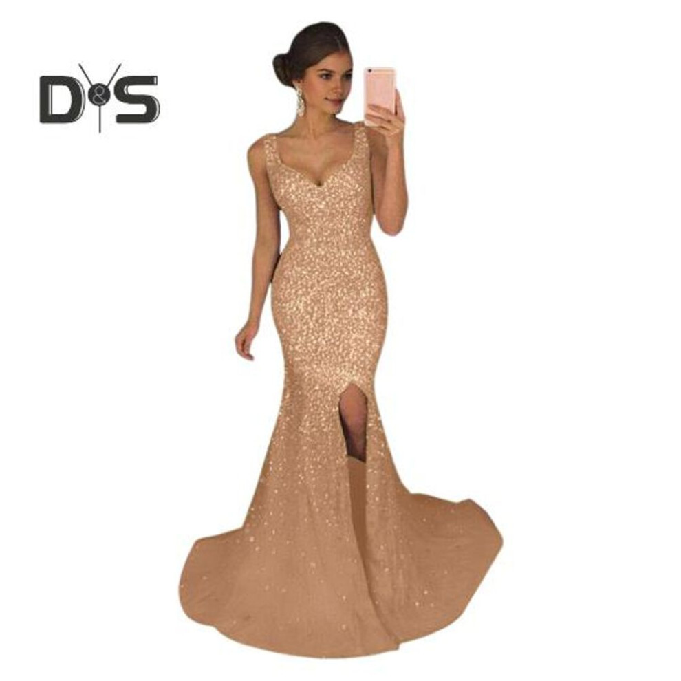 (golden, M) Women Evening Dress Deep V Neck Split Hem Sequin Skinny Fishtail Hem Back Zipper Closure Sleeveless Prom Cocktail Party Dress Floor Length Ball Gown