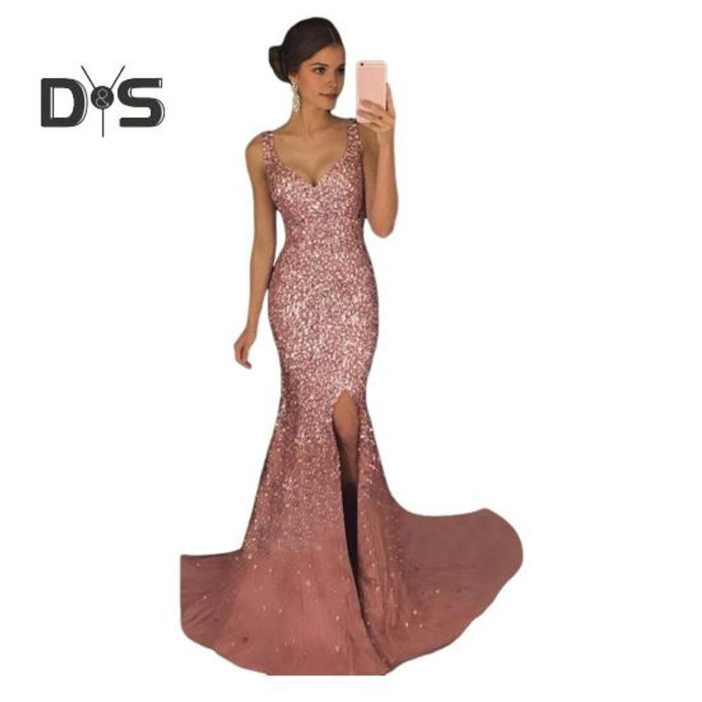 (pink, S) Women Evening Dress Deep V Neck Split Hem Sequin Skinny Fishtail Hem Back Zipper Closure Sleeveless Prom Cocktail Party Dress Floor Length Ball Gown