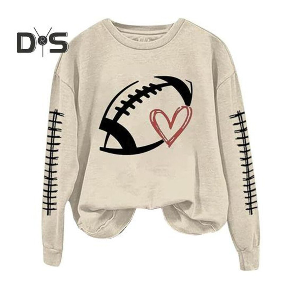 (XXL, khaki) Spring Fall Women Sweatshirt Football Print Round Neck Elastic Cuffs Loose Pullover Sport Type Top Casual School Commute Sweatshirt
