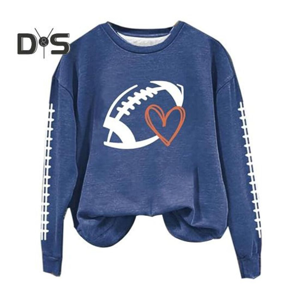 (XL, blue) Spring Fall Women Sweatshirt Football Print Round Neck Elastic Cuffs Loose Pullover Sport Type Top Casual School Commute Sweatshirt