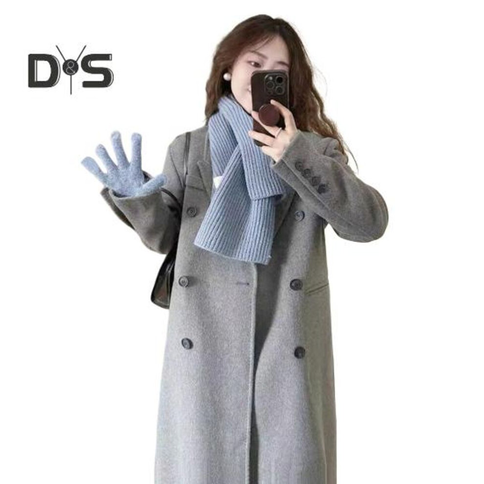 (grey, S) Women Woolen Jacket Turn-down Collar Solid Color Double-breasted Coat Mid Length Thermal Long Sleeved Commuting Dating Spring Fall Winter Overcoat