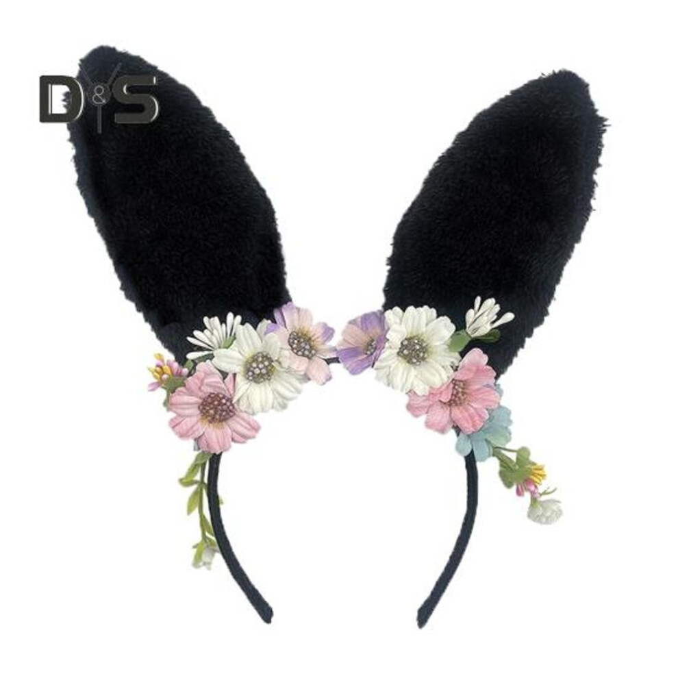 Headband With Big Bunny Ears Artificial Flowers Decor Romantic Style Easter Parties Performances Headpiece