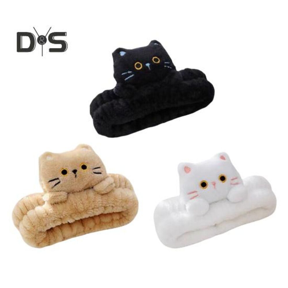 (black white) 1/3pcs Cartoon Cat Decor Headbands Coral Fleece Elastic Makeup Face Wash Hair Band Women Spa Headband