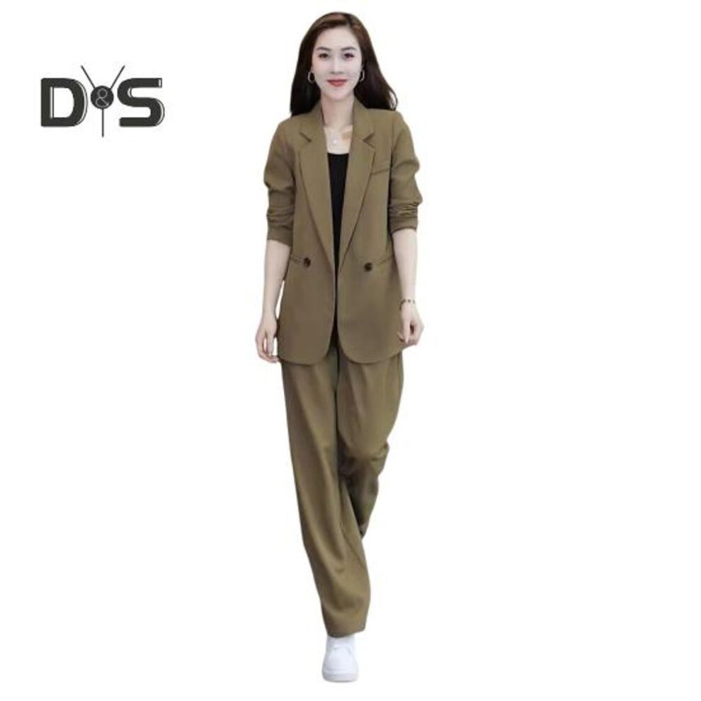(khaki, XXL) 2 Pcs/set Lady Formal Coat Pants Set Long Sleeves Double Buttons Cardigan Mid Length Jacket Loose Straight Wide Leg High Waist Trousers Formal
