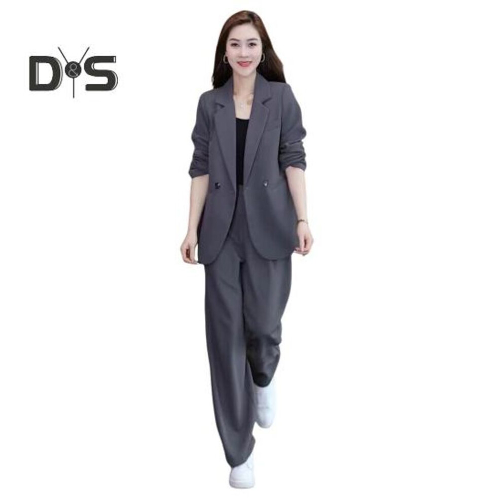 (grey, L) 2 Pcs/set Lady Formal Coat Pants Set Long Sleeves Double Buttons Cardigan Mid Length Jacket Loose Straight Wide Leg High Waist Trousers Formal
