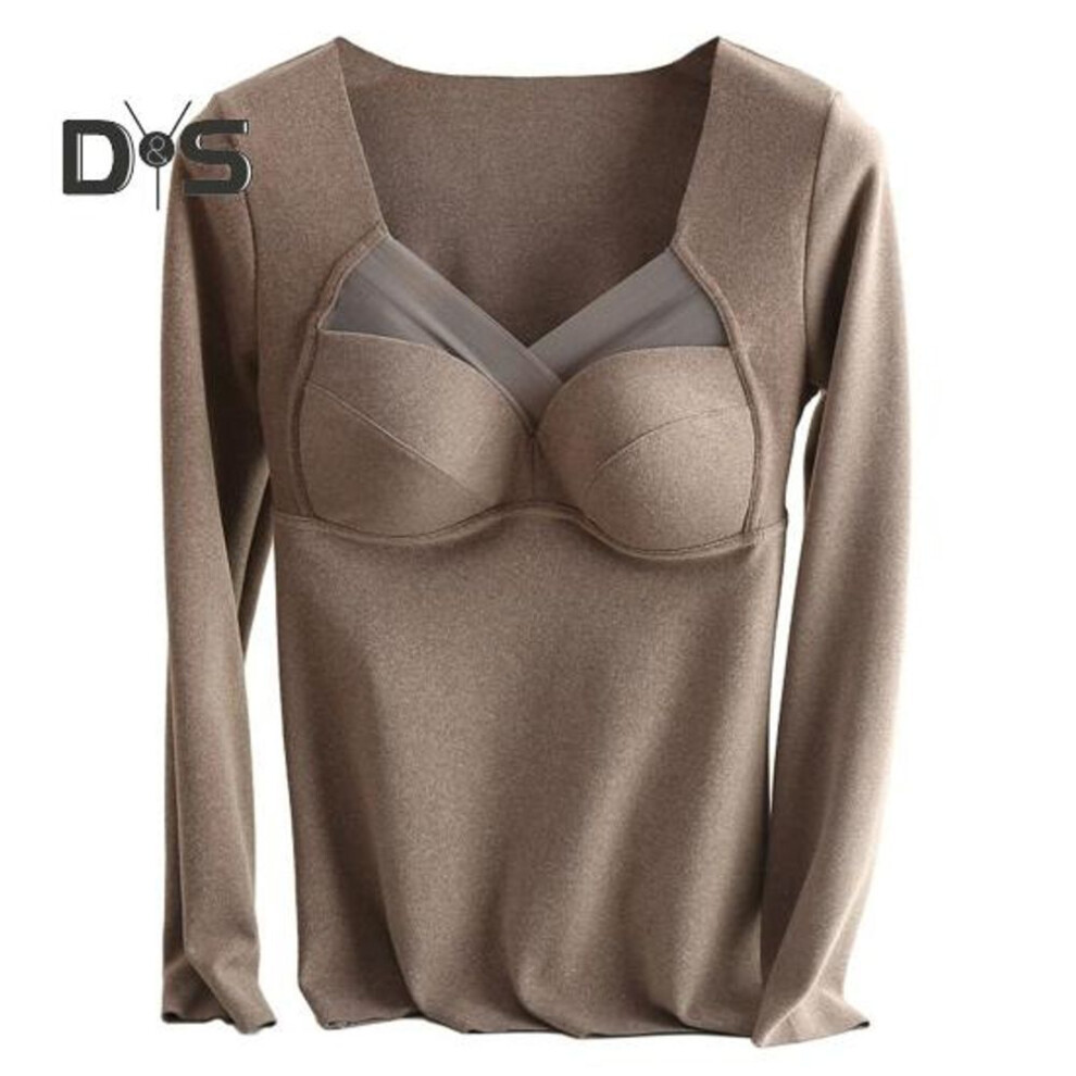 (XXL, coffee) Women Bottoming Tops V-neck Chest Padded Long Sleeve Thermal Tops Elastic De Velvet Fabric Tee Shirt