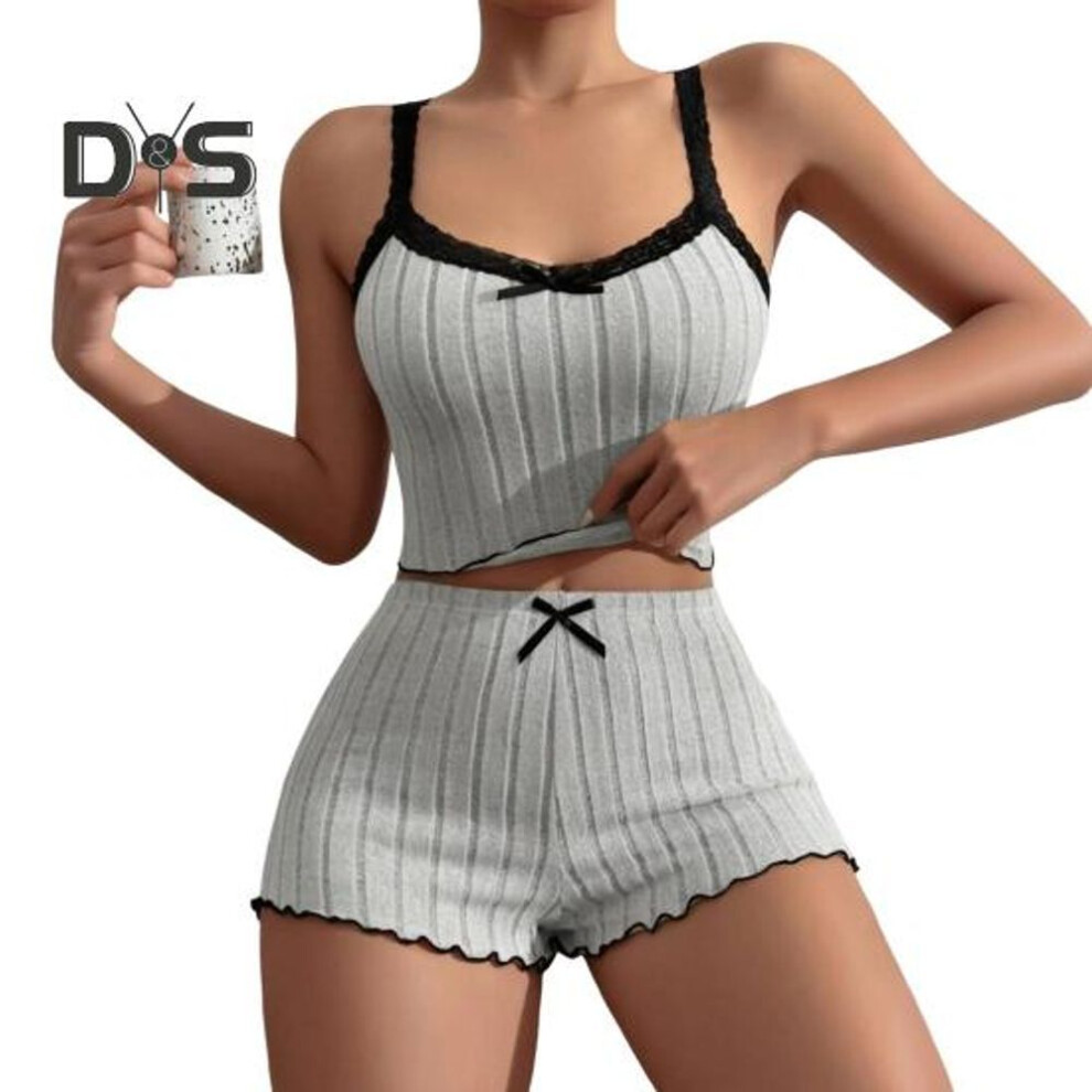 (XL, grey) 2 Pcs/Set Women Summer Pajamas Suit Shirring Edge Sleeveless Backless Crop Top Lace Bow Decor High Waist Mini Shorts Daily Nightie Slim Fit Sleepwear