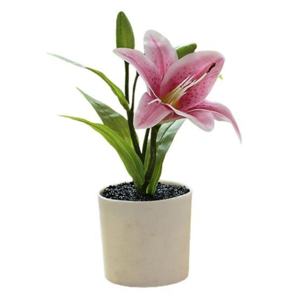 (pink) Fake Flower Pot Simulated Easy Care Plastic Realistic Lily Bonsai Artificial Plant Decor