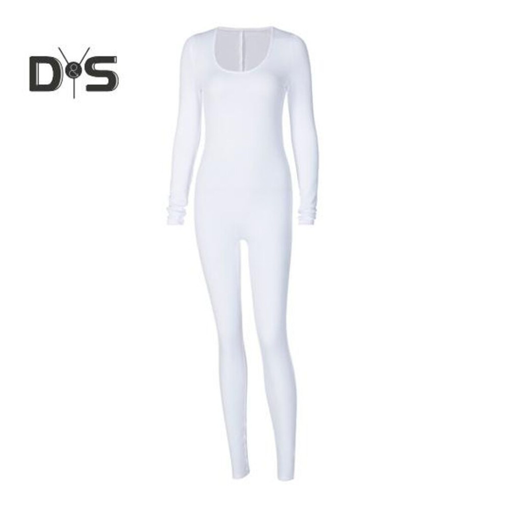 (S, white) Women Jumpsuit Seamless Round Neck Butt-lifted Skinny Solid Color Compression Solid Color Long Sleeves Elastic Long Yoga Jumpsuit Bottoming Clothes